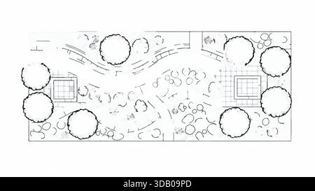 Vista dall'alto di una pianta paesaggistica disegnata a mano con alberi, sentieri ed elementi da giardino su sfondo bianco. Illustrazione Vettoriale