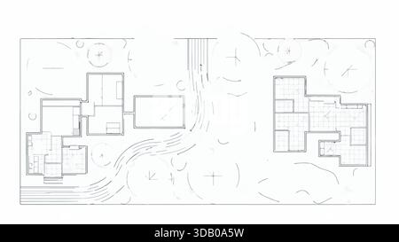 Disegno della pianta architettonica che mostra due edifici residenziali e il design del paesaggio circostante su sfondo bianco, vista dall'alto. Illustrazione Vettoriale
