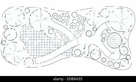 Piano paesaggistico disegnato a mano dall'alto con alberi, arbusti, aree pavimentate e una piscina, su sfondo bianco, arte in linea nera. Illustrazione Vettoriale