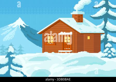 Accogliente cabina invernale con pixel art con nevicate e pini sullo sfondo di montagne e cielo. Illustrazione Vettoriale