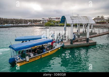 Persone in una barca che scaricano biciclette sul molo, Puerto Ayora, Santa Cruz, Isole Galapagos, Ecuador Foto Stock