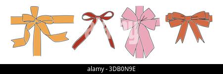 Set di fiocchi decorativi a nastro dai colori caldi Illustrazione Vettoriale