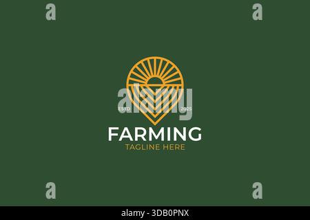 Logo Farming Sunrise a forma lineare simbolo geometrico simbolo naturale e organico Illustrazione Vettoriale