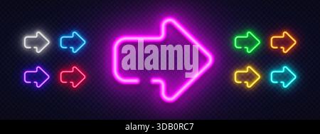 Un'audace freccia al neon con linee morbide e arrotondate che si illuminano in vivaci tonalità rosa. La forma espressiva aggiunge una forte enfasi visiva ai banner o alle chiamate Illustrazione Vettoriale