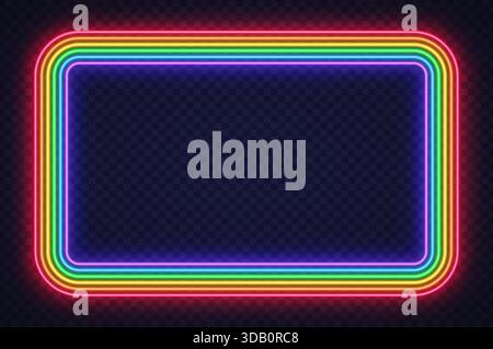 Cornice rettangolare al neon colorata con angoli arrotondati che si illuminano su uno sfondo scuro trasparente. Le linee a strati brillanti creano un audace bordo moderno Illustrazione Vettoriale