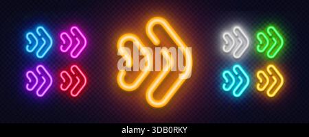 Un vivace set di frecce al neon con un grande simbolo centrale circondato da icone luminose più piccole. Il layout colorato è perfetto per la navigazione Illustrazione Vettoriale