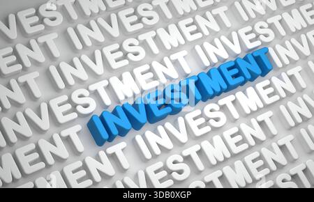 Investimento, testo in lettere blu e bianche. Investimento, testo in lettere blu e bianche. Ricchezza, fare soldi, strategia, concetto di mercato azionario. Illustrazione 3D img text014s investment Foto Stock