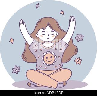 Ragazza meditante carina. Yoga e Yogi femminile si trovano ad Asana. Colore disegnato a mano, doodle in tenui colori pastello. Illustrazione vettoriale. Collezione bambini Illustrazione Vettoriale