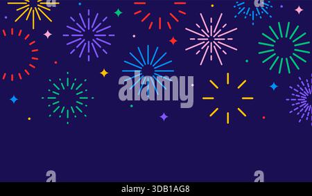 Sfondo dei fuochi d'artificio con colorate icone vettoriali e stelle su sfondo blu. Confine festivo per banner festivo, biglietto di auguri di Capodanno, Illustrazione Vettoriale