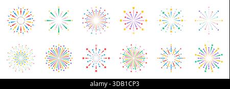 Colorate icone vettoriali dei fuochi d'artificio su sfondo isolato. Collezione di fuochi d'artificio colorati per illustrazione, invito, biglietto, poster, banne Illustrazione Vettoriale
