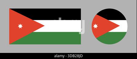 Bandiera rotonda rettangolare della Giordania. Set di icone rettangolari e cerchio bandiera Jordan. Bandiera, banner, sfondo. Bandiera nazionale della Giordania. Illustrazione Vettoriale