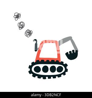 Escavatore vettoriale cartoni animati. Vettore di divertente escavatore giallo isolato trasparente. Progettazione di modelli di macchine per la costruzione di cartoni animati stravaganti. Bambino perfetto Illustrazione Vettoriale