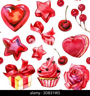 Motivo di San Valentino con acquerello senza cuciture con cuori rossi, dolci, cupcake, ciliegie, confezione regalo, nastri e stelle. Ideale per le feste Foto Stock