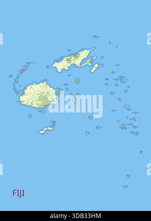 mappa delle Figi, un paese insulare in Melanesia, parte dell'Oceania nell'Oceano Pacifico. La mappa presenta le isole principali e numerose isole minori Illustrazione Vettoriale
