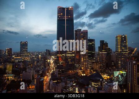 Ampio panorama notturno di Tokyo con lo skyline di Roppongi Hills, le torri luminose degli uffici e le strade trafficate sottostanti. Foto Stock