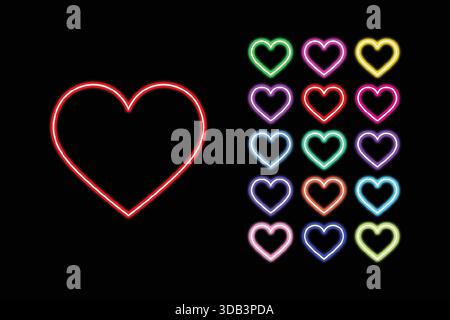 Forma cuore neon segno luminoso amore, romanticismo, salute e San Valentino elemento di design. Illustrazione Vettoriale