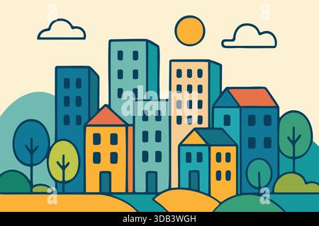 Un'allegra illustrazione piatta di edifici, alberi e colline ondulate sotto un sole luminoso. Illustrazione Vettoriale