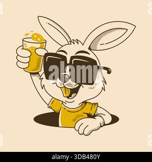 Coniglio cartoni animati con occhiali da sole, in mano una bevanda, espressione allegra. Illustrazione Vettoriale
