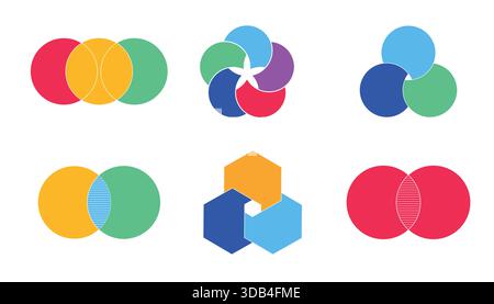 Set di sezioni infografiche del diagramma Graphic Venn. Le forme sovrapposte circolano la linea del grafico. Diagrammi Venn con cerchi sovrapposti, che mostrano un'area comune, per la presentazione infografica. Illustrazione vettoriale Illustrazione Vettoriale