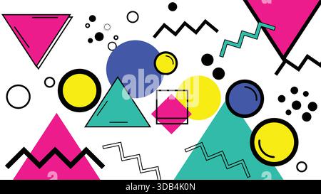 Sfondo vettoriale Memphis rétro con forme geometriche, punti, zigzag e colori contrastanti vivaci Illustrazione Vettoriale