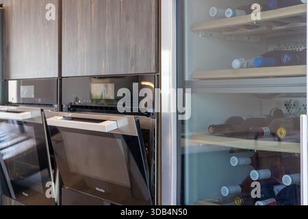 Cucina contemporanea con elettrodomestici eleganti, mobili in legno e un frigo per vini rifornito Foto Stock