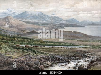 Vulcani attivi a Kamchatka, una penisola nel nord-est asiatico, regione di Kamchatka nel Distretto Federale dell'Estremo Oriente della Federazione Russa, Russia, riproduzione autentica di un wall chart scolastico, storico, circa 1900 Foto Stock