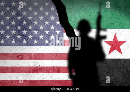 Bandiera degli Stati Uniti e della Siria dipinta su un muro di cemento con un soldato Foto Stock