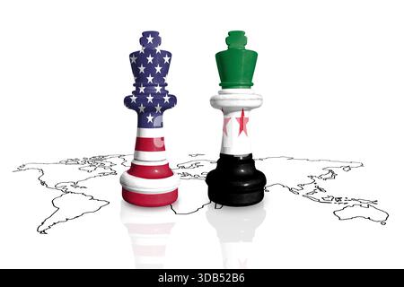 Scacchi fatti da bandiere USA e Siria su una mappa del mondo Foto Stock