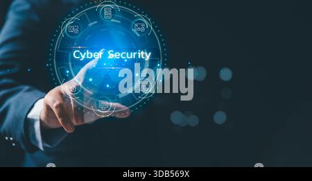 Interfaccia olografica di cyber sicurezza per professionisti aziendali, che rappresenta la protezione dei dati, la difesa della rete, la privacy digitale, la sicurezza AC Foto Stock