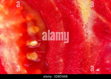 Un pomodoro a fette posto su una superficie mostra i suoi semi interni e la sua polpa succosa in un vivace colore rosso. La consistenza rivela prodotti freschi. Foto Stock