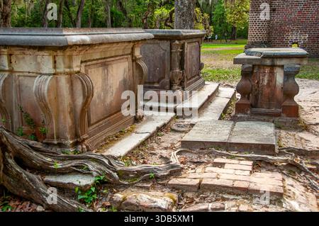 Cripte funerarie storiche presso le rovine della Old Sheldon Church nella contea di Beaufort, South Carolina, con grandi radici di alberi che crescono attraverso pietre e mattoni. Foto Stock