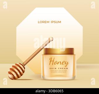 Modello di design per banner pubblicitari cosmetici Honey bee. Vaso per crema idratante. Pubblicità di prodotti naturali per la bellezza della pelle. Vaso di lozione. Cucchiaio di legno. Flacone idratante a nido d'ape. Striscione vettoriale organico per la cura della pelle Illustrazione Vettoriale