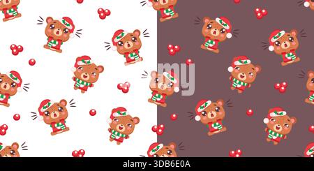 Christmas Bear seamless Pattern with Berries due colorazioni Illustrazione Vettoriale