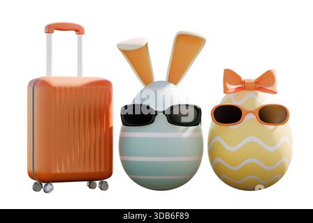 Due uova di Pasqua con occhiali da sole e orecchie da coniglietto si trovano accanto a una valigia arancione, a simboleggiare il viaggio di vacanza. rendering 3d. Foto Stock