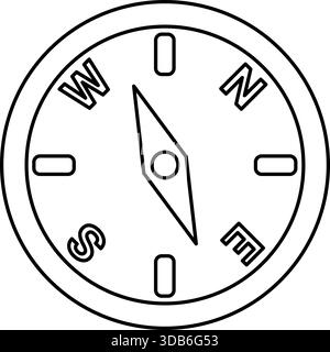Disegno della linea della bussola – icona di navigazione circolare in bianco e nero con indicazioni Cardinal per mappe, UI, viaggi e progettazione grafica minimalista Illustrazione Vettoriale