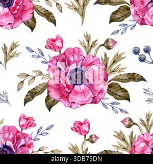 Acquerello dipinto a mano con motivo senza cuciture con fiori di anemone rosa, boccioli, bacche ed elegante fogliame. Romantico design floreale per i tessuti Foto Stock