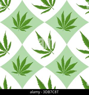 Motivo vettoriale senza cuciture con foglie di cannabis verdi disposte in una griglia geometrica con diamanti su sfondo chiaro, adatto per imballaggi, tessuti e design medico. Illustrazione Vettoriale