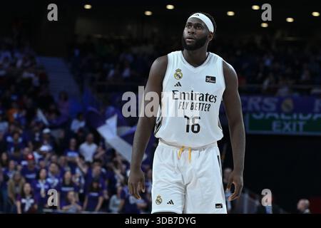 Usman Garuba del Real Madrid in azione durante la Lega spagnola ACB , partita di basket giocata tra il Real Madrid e il Basquet Girona all'Arena di Madrid Foto Stock