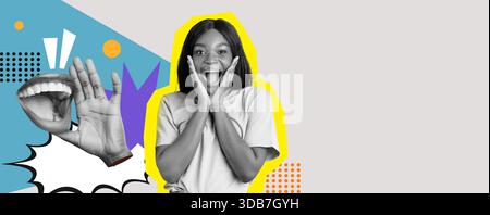 Collage con espressioni gioiose ed elementi artistici in colori vivaci Foto Stock