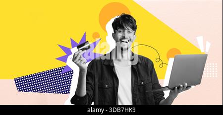 Smiling Man Holds Laptop and Card in Vibrant Collage Setting With Colorful Shapes Foto Stock
