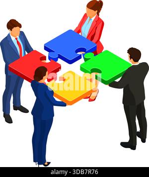 uomini e donne del lavoro di squadra. collaborazione. puzzle infografiche. Immagini B2B Hero. vettore isolato isometrico Illustrazione Vettoriale