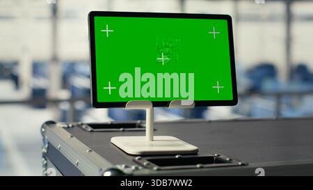 Primo piano di un tablet con simulazione green screen nell'hub server con hardware che supporta i servizi tecnologici. Dispositivo con schermo isolato Chroma Key nel data center per archiviare ed elaborare vasti set di dati, panning shot Foto Stock