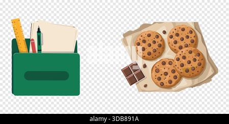 Set illustrativo piatto per l'organiser da scrivania e biscotti al cioccolato Illustrazione Vettoriale