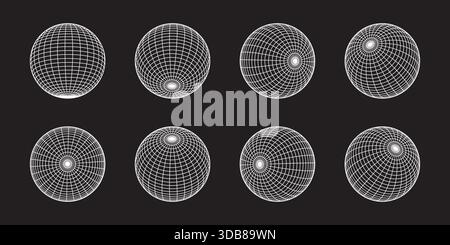 Set di wireframe a globo bianco in diverse posizioni su sfondo nero. Modelli di sfere 3D, forme sferiche, palle in mesh. Figure della sfera terrestre con Illustrazione Vettoriale