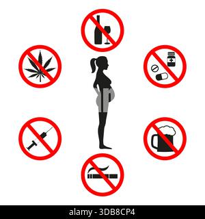 Donna incinta, simbolo stilizzato, raffigurato su sfondo bianco. Segni niente droga. Non fumare. No all'alcol. Illustrazione Vettoriale