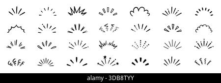 La grafica a linee disegnata a mano esplode con raggi a sorpresa e scintille. Le icone a stelle disegnate a mano Doodle brillano. Forme a sorpresa per effetti comici, schizzi di manga e decorazioni di cartoni animati. Illustrazione vettoriale Illustrazione Vettoriale