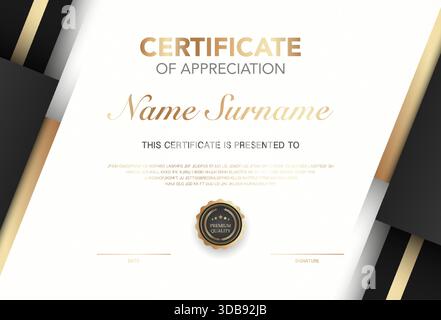 Moderno modello certificato di apprezzamento con elegante design in oro e nero, badge di alta qualità, nome personalizzabile e area esclusiva. Illustrazione Vettoriale