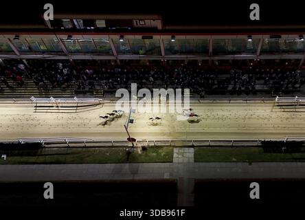 REVISIONE PA DELL'ANNO 2025. Foto del file datata 19/01/25: Vista aerea delle corse dei levrieri durante l'ultima notte di gare al Crayford Greyhound Stadium, a sud-est di Londra. Inaugurato nel 1937, il circuito è stato un pilastro del circuito greyhound, superando il declino dello sport fino a diventare uno degli ultimi circuiti rimasti nel suo genere nel Regno Unito. Dopo 86 anni di storia sportiva ha chiuso le porte per l'ultima volta domenica 19 gennaio 2025. Data di pubblicazione: Lunedì 15 dicembre 2025. Foto Stock