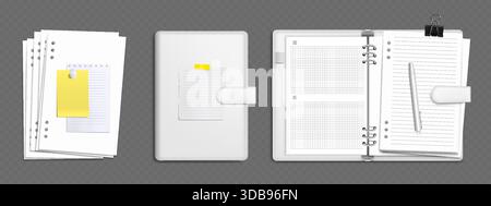 Set di mock-up per raccoglitore ad anelli bianco con griglia e carta foderata, graffette e note adesive gialle. Aprire e chiudere la cartella del notebook con divisori, foglio rivestito e penna. Collezione realistica di articoli di cancelleria in 3D. Illustrazione Vettoriale