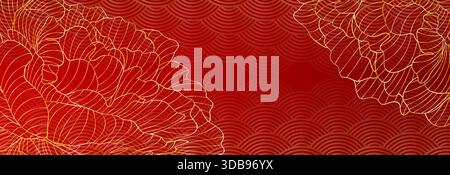 Lussuoso sfondo rosso con contorno di fiori di peonia dorati e motivo a onde tradizionale. Elegante arte floreale in linea, motivi decorativi asiatici per il design delle feste o striscioni orientali. Illustrazione Vettoriale